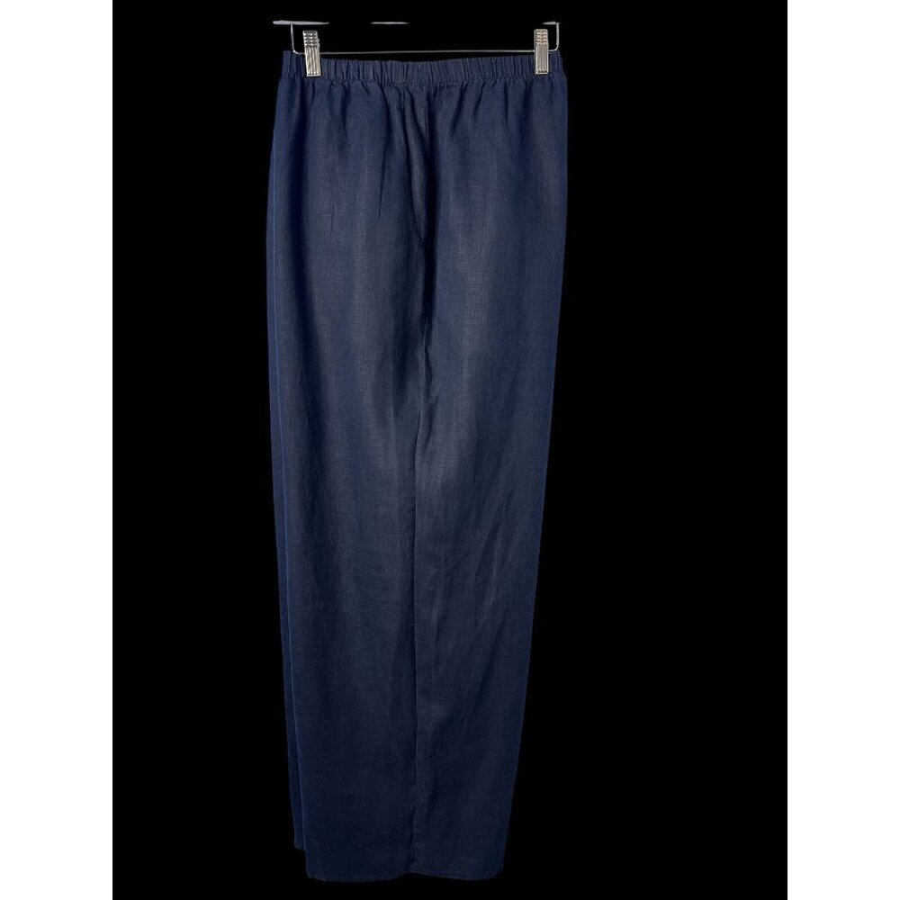 Flax Linen Pants Womens 3G Navy Blue Elastic Waist Pockets Relaxed Fit VACATION